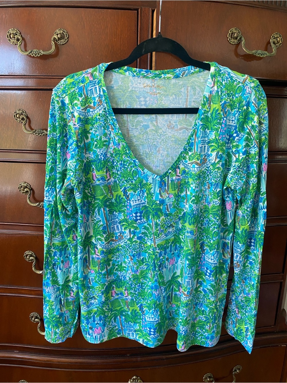 Lilly Pulitzer Blue & Green V-Neck Long Sleeve Top